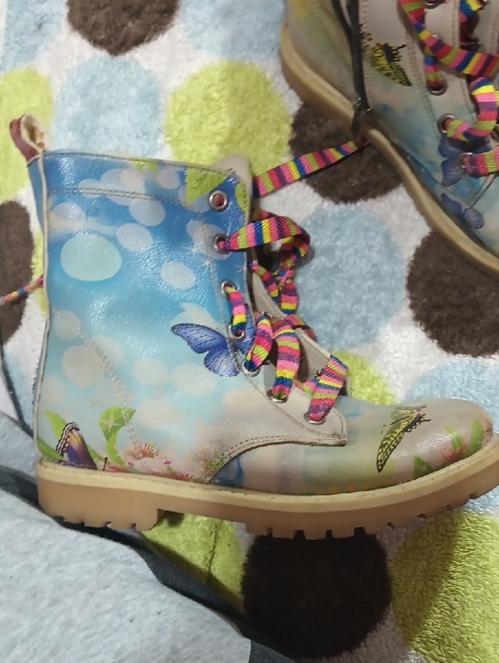 Girls' Blue Butterfly Print Lace-Up Boots with Multicolor Laces